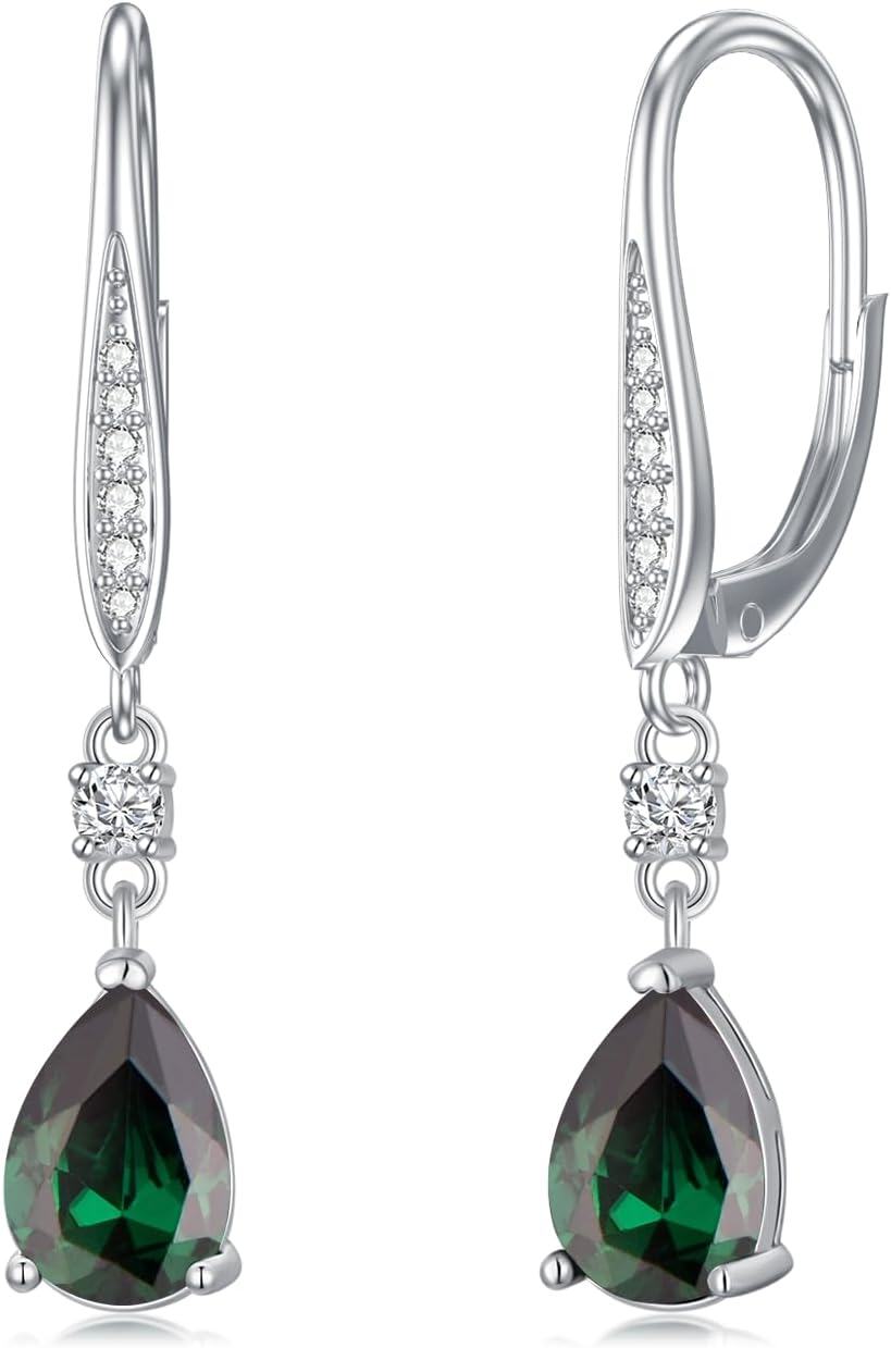 Sterling Silver Austrian Crystal Teardrop Leverback Earrings Women s Gift-05-emerald-May