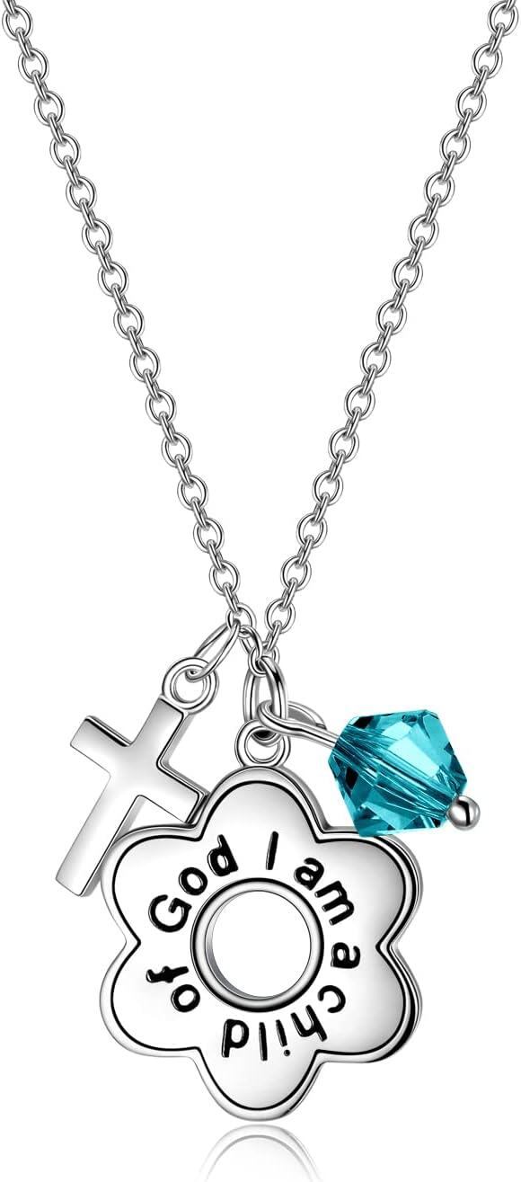 Sterling Silver Daisy Child of God Necklace for Girls Baptism Communion Birthday-Bright blue