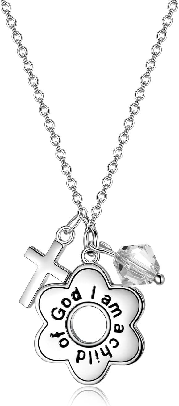 Sterling Silver Daisy Child of God Necklace for Girls Baptism Communion Birthday-Simulated Diamond