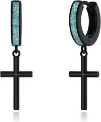 wholesale  Turquoise Stone Huggie Hoops with Cross Pendant Earrings-Cross