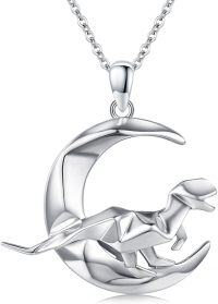 wholesale 925 Sterling Silver Origami Moon Dinosaur Pendant Necklace for Women - Unique T-Rex Charm -Dinosaur-Moon