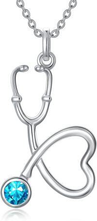 wholesale 925 Sterling Silver Clear Birthstone Heart Stethoscope Pendant Necklace for Nurse-12-December-Aquamarine