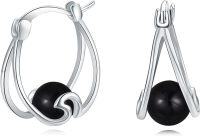 wholesale 925 Sterling Silver Moonstone Huggie Hoop Earrings for Women Girls Minimalist  48mm Diameter-Black Onyx