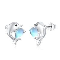 wholesale 925 Sterling Silver Dolphin Earrings Wholesale With Moonstone Heart Design-Dolphin Stud Earrings