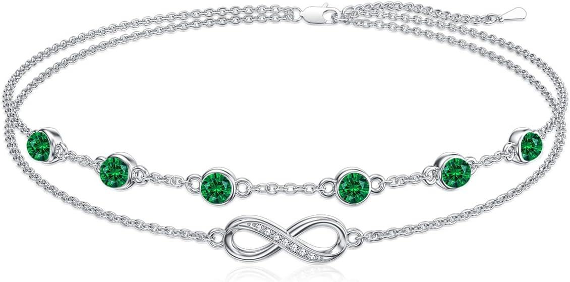 Sterling Silver Birthstone Women s Anklet Bracelets Infinity Butterfly Evil Eye Turtle Pineapple Starfish Heart-Infinity 05-Emerald-Anklet 9"-11"