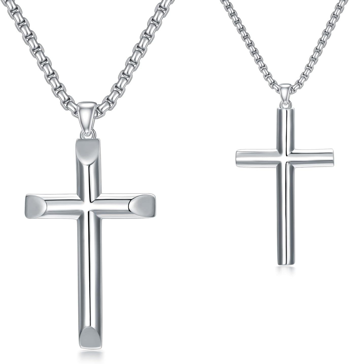 wholesale 925 Sterling Silver Beveled Edge Cross Pendant Necklace for Men Women - 4mm Box Chain  Set-0-0