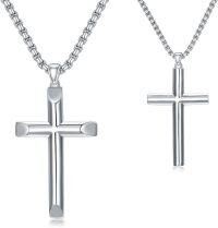 wholesale 925 Sterling Silver Beveled Edge Cross Pendant Necklace for Men Women - 4mm Box Chain  Set-22+2inches Beveled