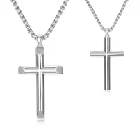 wholesale 925 Sterling Silver Beveled Edge Cross Pendant Necklace for Men Women - 4mm Box Chain  Set-22+2inches Beveled