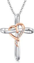 wholesale 925 Sterling Silver Double Tone Heart & Floral Cross Necklace for Women Men - Religious s-0-0