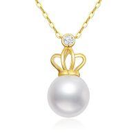 wholesale 14K Gold Diamond and Pearl Crown Pendant Necklace for Women (Length: 16-18)-Crown