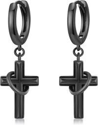 wholesale 925 Sterling Silver & Black Gold Plated Cross Huggie Hoop Earrings for Men/Women-Cross Huggie Dangle Earrings-Black
