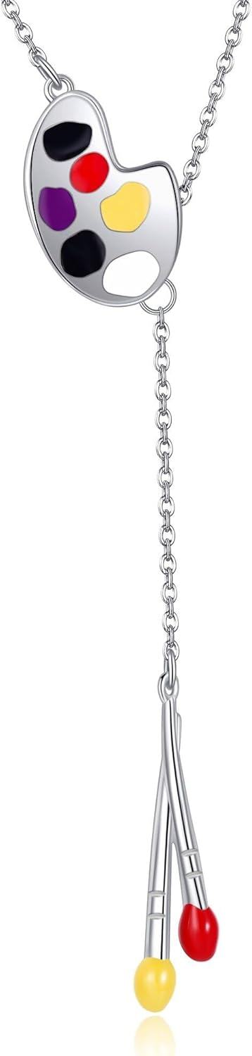 925 Sterling Silver Artist Palette & Paintbrushes Pendant Necklace Gift for Art Enthusiasts-0-0