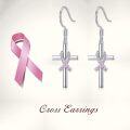 wholesale 925 Sterling Silver Cross with Pink Ribbon Breast Cancer Awareness Dangle Earrings-0-1