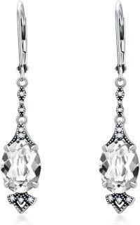 wholesale 925 Sterling Silver 9mm Oval Birthstone Vintage Leverback Dangle Drop Earrings-Clear White