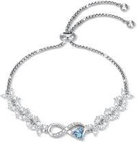 wholesale 925 Sterling Silver Heart Birthstone Tennis Bracelet Infinity Love Jewelry Gift for Women-03-March-Aquamarine