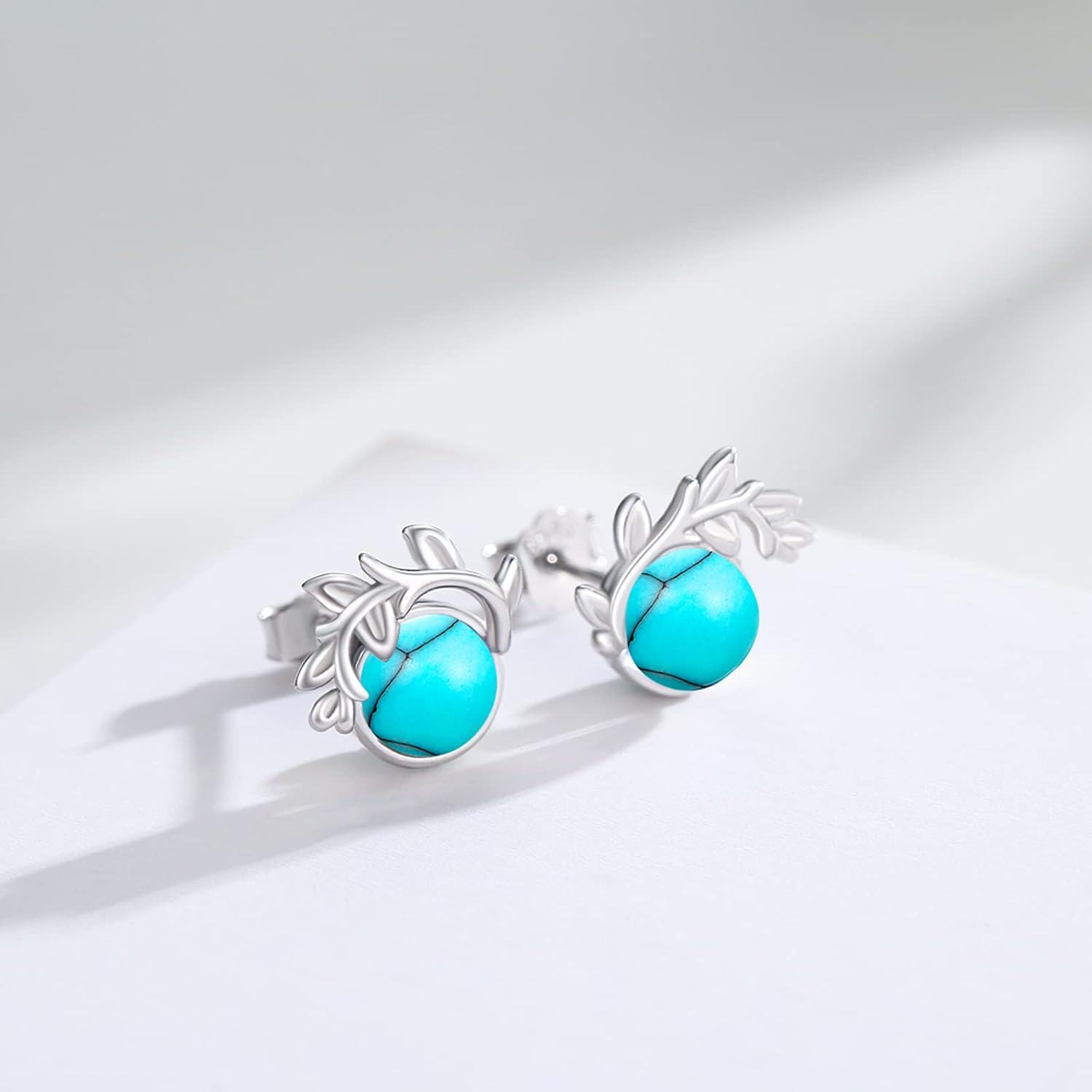 Sterling Silver Blue Opal Turquoise Moonstone Leaf Stud Earrings-0-2