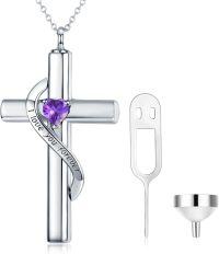 wholesale 925 Sterling Silver White Gold & Sterling Silver Birthstone Cross Urn Necklace for Ashes – Infinity Engraved, Cremation Jewelry for Loved Ones-B-White Gold February