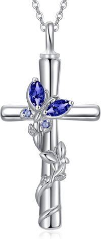 wholesale 925 Sterling Silver White Gold Plated Butterfly Cross Urn Necklace w Birthstone for Ashes Memorial Jewelry-Butterfly Cross Urn-Sep