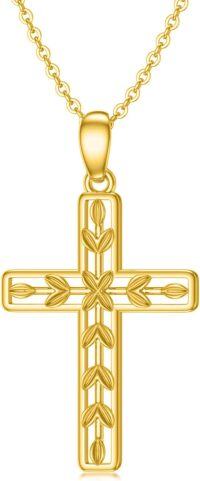 wholesale 14K Gold Floral Cross Pendant Necklace with Chain for Women - 28 Length-T-Cross & Leaf