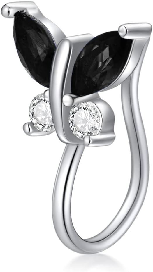 Sterling Silver Simulated Birthstone Butterfly Clip On Nose Cuff for Non Pierced Nose-Jet Black