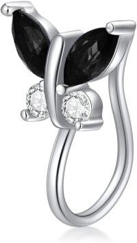 wholesale Sterling Silver Simulated Birthstone Butterfly Clip On Nose Cuff for Non Pierced Nose-Jet Black