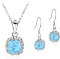 wholesale  18K White Gold Plated Green Opal Jewelry Set Hypoallergenic Square Necklace Earrings Birthstone Wedding Gift -Blue