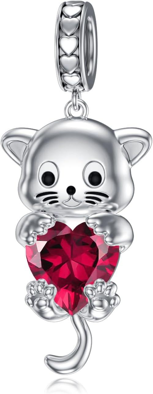 Silver Birthstone Cat Charm Bead Gift for Women-July-Ruby