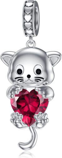 wholesale 925 Sterling Silver Birthstone Cat Charm Bead Gift for Women-July-Ruby
