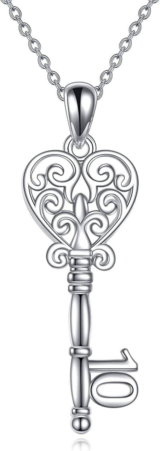  Metal Sterling Silver Stone Key Necklace 10th 18th 21st Birthday Pendant Jewelry Women Gift -10th