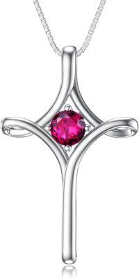 wholesale  Sterling Silver Birthstone Cross Necklace for Women Fine Jewelry Gift -07-Ruby-July