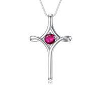 wholesale 925 Sterling Silver Birthstone Cross Necklace for Women Fine Jewelry Gift-07-Ruby-July