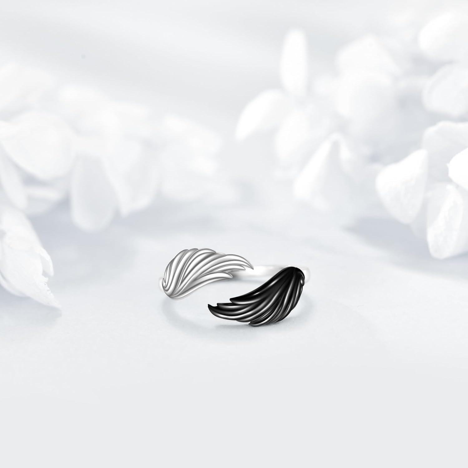 925 Sterling Silver Black & White Angel Wing Adjustable Ring for Women-0-2