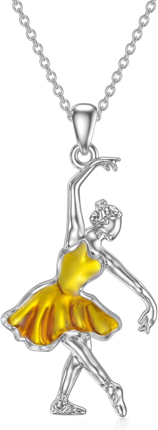 925 Sterling Silver Yellow Enamel Ballet Dancer Pendant Necklaceèèåå é¡¹é¾å¥³ç¤¼ç©å£è¯èé¥°å-0-0