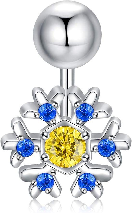 925 Sterling Silver Snowflake Blue Crystal Yellow CZ Dangle Belly Button Rings for Women-0-0