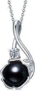 wholesale 925 Sterling Silver Black Freshwater Pearl Flower Pendant Necklace with Cubic Zirconia Accents-0-0