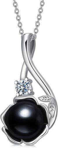 wholesale 925 Sterling Silver Black Freshwater Pearl Flower Pendant Necklace with Cubic Zirconia Accents-Style 5