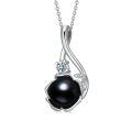 wholesale 925 Sterling Silver Black Freshwater Pearl Flower Pendant Necklace with Cubic Zirconia Accents-0-0