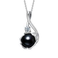 wholesale 925 Sterling Silver Black Freshwater Pearl Flower Pendant Necklace with Cubic Zirconia Accents-Style 5