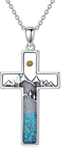 wholesale 925 Sterling Silver Turquoise Cross with Mountain Design and Yellow Stone Pendant Necklace - Religious Faith Jewelry for Women Gifts-Cross-Bar
