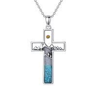 wholesale 925 Sterling Silver Turquoise Cross with Mountain Design and Yellow Stone Pendant Necklace - Religious Faith Jewelry for Women Gifts-Cross-Bar