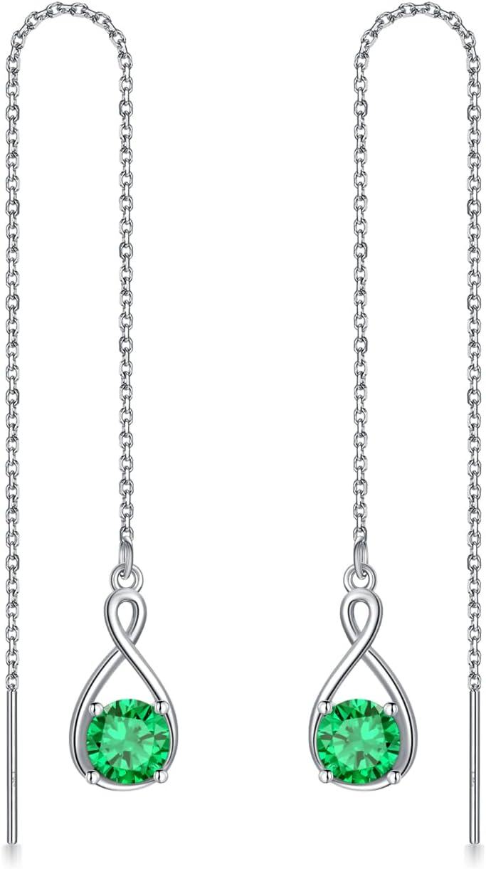  Sterling Silver Birthstone Threader Earrings Infinity Long Chain Drop Pull Through 12 Stone Birthday Jewelry Gifts for Women -05-May-Emerald