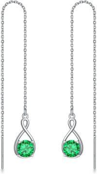 wholesale 925 Sterling Silver Birthstone Threader Earrings Infinity Long Chain Drop Pull Through 12 Stone Birthday Jewelry Gifts for Women-05-May-Emerald