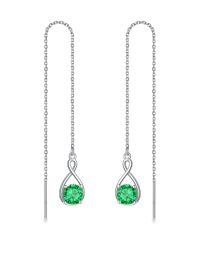 wholesale 925 Sterling Silver Birthstone Threader Earrings Infinity Long Chain Drop Pull Through 12 Stone Birthday Jewelry Gifts for Women-05-May-Emerald