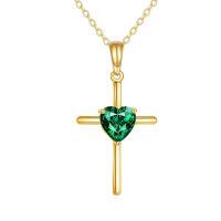 wholesale 14k Gold Cross Pendant With Green Heart Gemstone Necklace-03-14K 0.8 Carat Emerald Cross Necklace