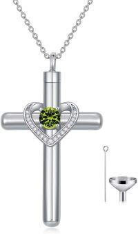 wholesale Sterling Silver Austrian Crystal Cross Urn Necklace for Ashes Pet Human Keepsake-08-peridot-Aug