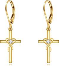 wholesale 14K Gold Heart and Diamond Cross Dangle Earrings for Women Christian s-heart cross earrings
