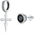 wholesale 925 Sterling Silver Black CZ Cross Stud & Huggie Hoop Earring Set for Men/Women-0-0