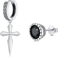 wholesale 925 Sterling Silver Black CZ Cross Stud & Huggie Hoop Earring Set for Men/Women-Style B