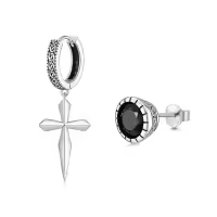 wholesale 925 Sterling Silver Black CZ Cross Stud & Huggie Hoop Earring WholesaleSet for Men/Women-Style B