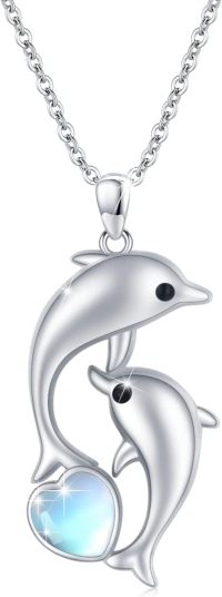 wholesale 925 Sterling Silver Dolphins Pendant Necklaces for Women - Mother's Day Gifts with Blue Stone Chain Jewelry Set-Moonstone Heart Dolphin Necklace